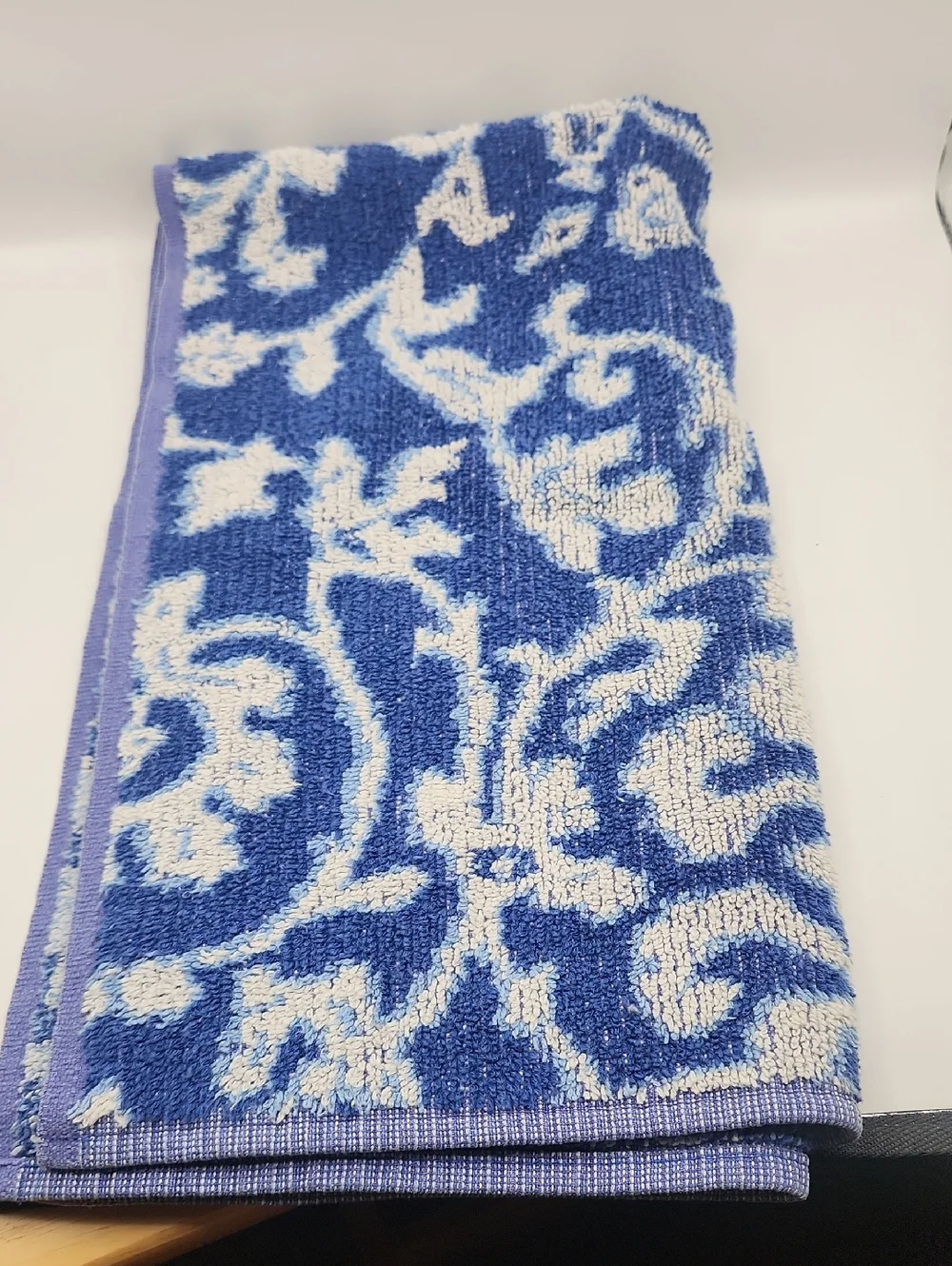 Vintage Ralph Lauren Donovan Pattern scroll bath towel blue and white/cream